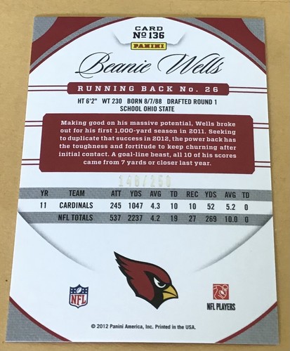 2012 Panini Football No.136 Beanie Wells Trading Card 148/250 - Bild 2 von 2