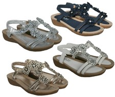 Ladies Womens Elasticated Low Wedge Diamante Jewel Sandal 4 Colours sizes 3 x 8s