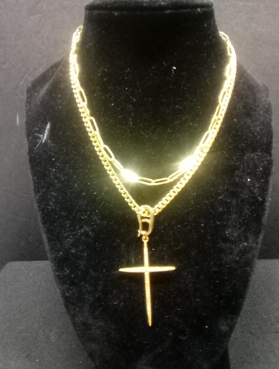 【2plan】23SS★ [MADE] Cross Mix Chain Necklace Lauren Kenzie Gold Plated Cross Necklace Crystals 3