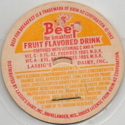 Milk Bottle Cap - Lassig's Dairy, Inc. - Rhinelander, Wisconsin - FRUIT DRINK