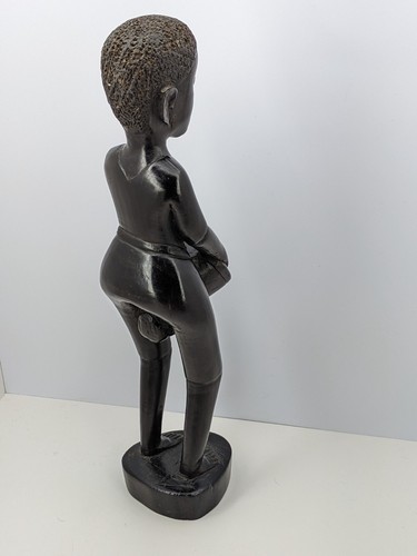 Hand Carved From Ebony Wood An African Tribal Figure of Boy Playing Drum Vintage - Picture 7 of 13