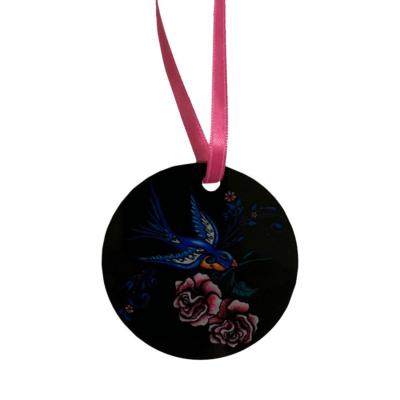 Blue Swallow and Pink Roses Metal Holiday Ornament Christmas Tree Decoration
