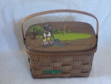 Vintage - Signed Caro Nan Woven Wood Basket Purse - Golf Scene  Hand Painted