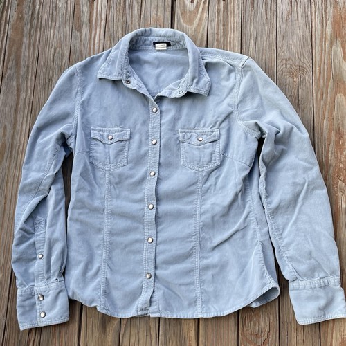 J.Crew Shirt Women’s Pearl Snap Buttons Long Sleeve Blue Corduroy Medium Cotton - Picture 2 of 11