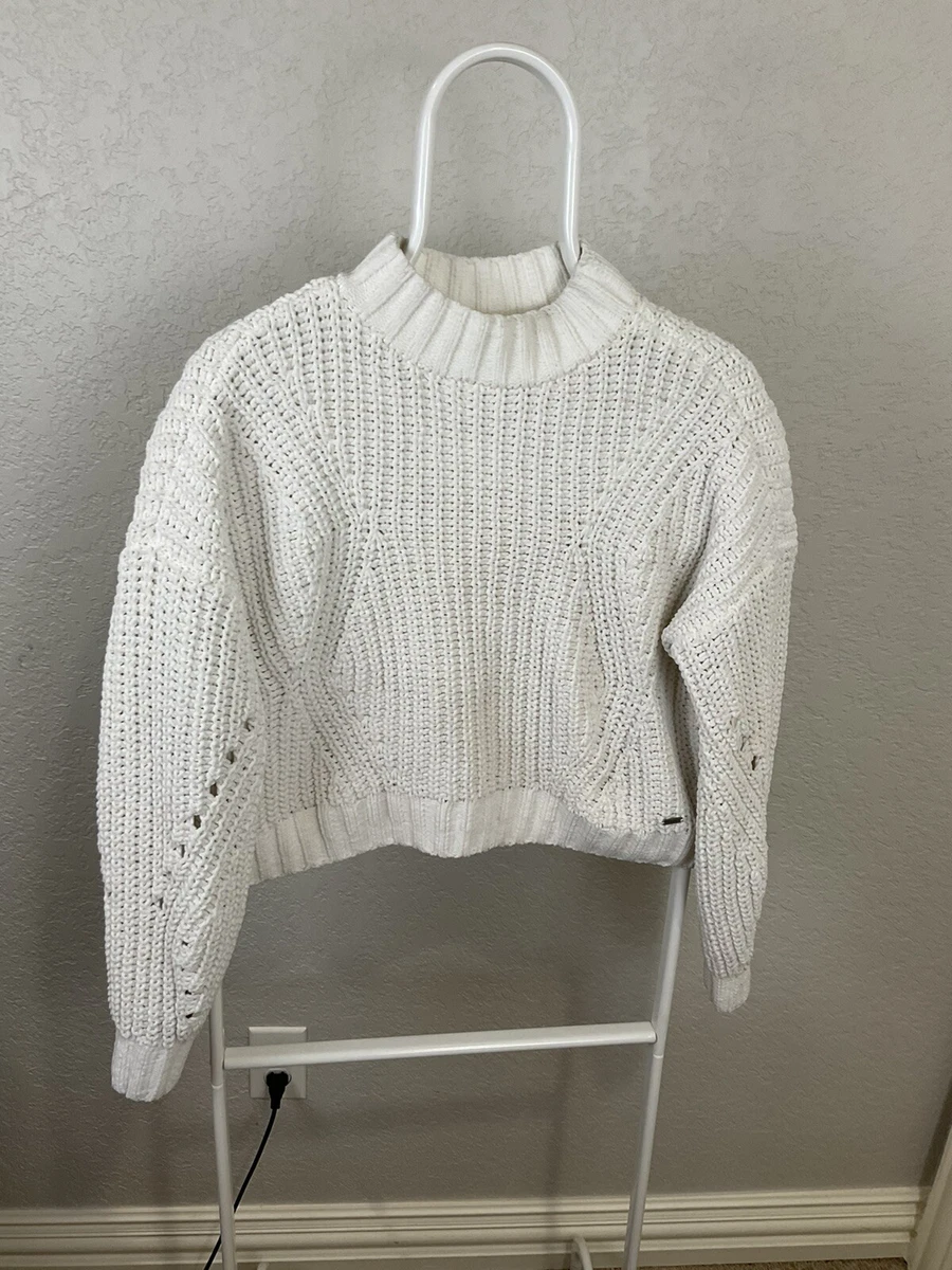 Hollister Size XS Off White Cropped Chunky Cable Knit Mock Neck Sweater