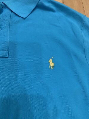 Vintage Ralph Lauren Polo Shirt Blue Yellow Logo XL TG Slim Fit