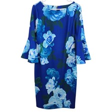 Calvin Klein Royal Blue Floral Bell Sleeve Dress Size 10 Stretch Elegant