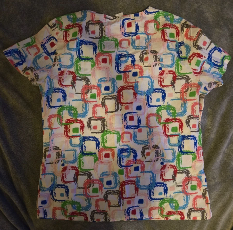 Scrub Studio - V Neck - White - Colorful Squares - Size M - Shirt - Image 2 of 3