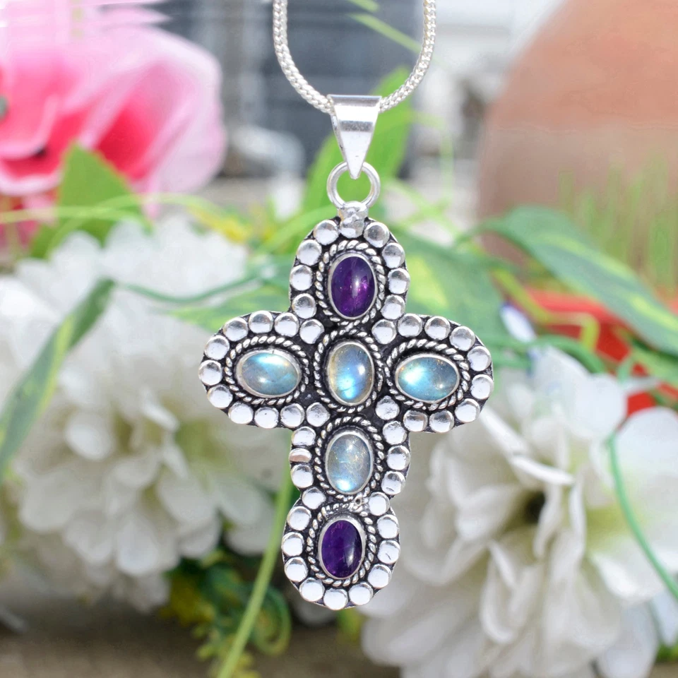 Joyería elegante cruz plata esterlina 925 piedras preciosas amatista labradorita fuego azul Foto 4 de 4