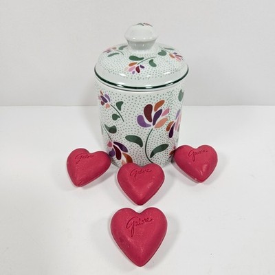 Vintage Germaine Monteil Floral Jar with Lid & 4  Heart Shaped Galore Soaps