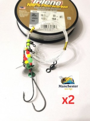2x 2 hook flapper sea fishing rigs fluorocarbon 33lb Koike hooks Free T48 post