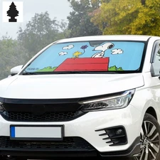 Peanuts Snoopy & Woodstock Car Sunshade Set with Little Tree Black Ice Freshener