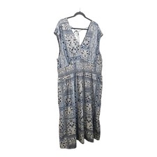 Old Navy Dress Maxi Smocked Waist V-Neck/Back Blue Floral Pockets Size 2X TALL 