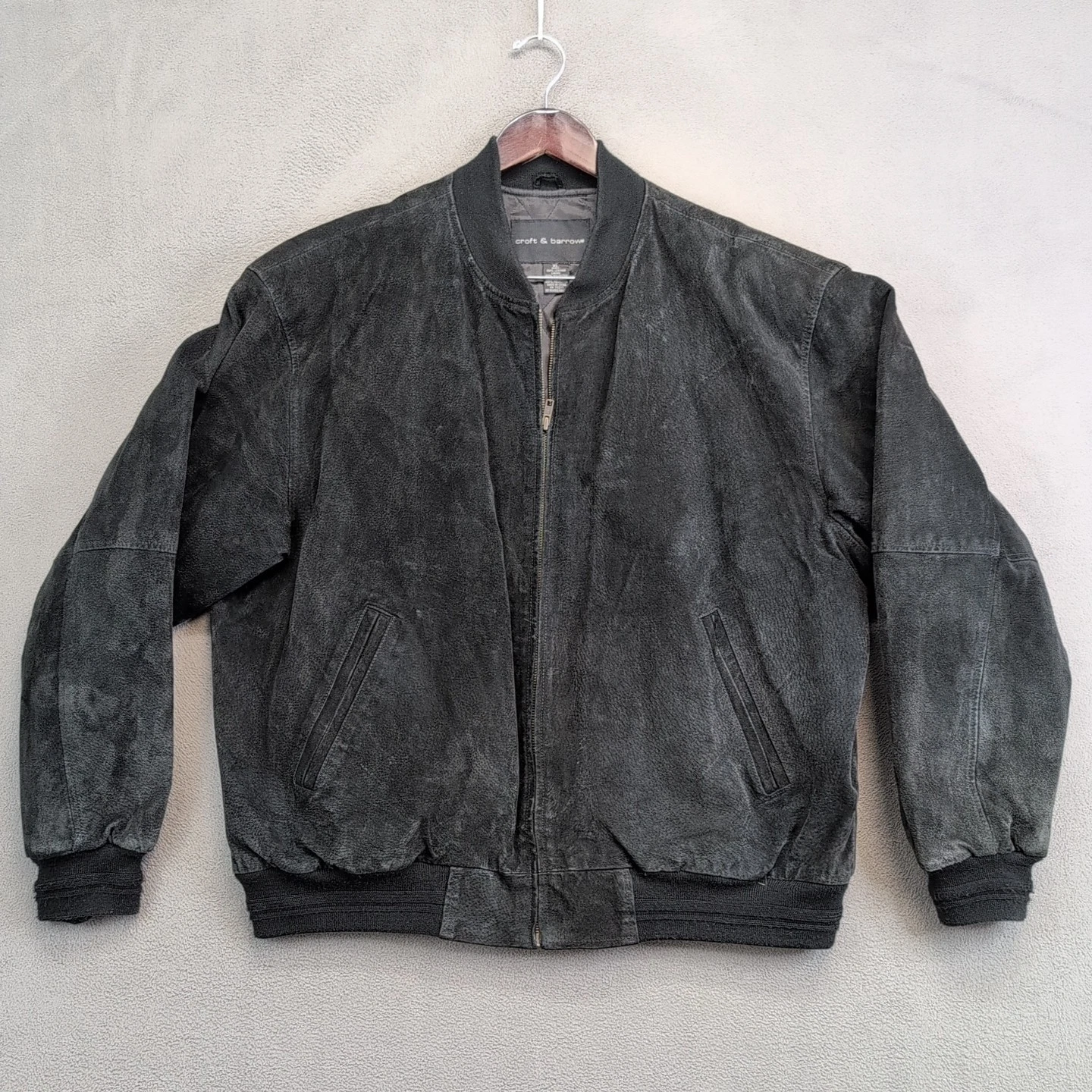 Croft Barrow Jacket Men XL Black Genuine Leather Suede Bomber Coat Aviation Y2K