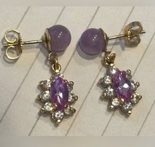 14K Yellow Gold Post Drop Earrings wFaceted Lavender stone, Amethyst beads & CZ