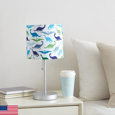 Heritage Kids Dinosaur Printed Fabric Shade Stick Table Lamp with Silver Metal B