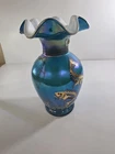 Fenton Designer Showcase Turquoise Overlay Iridized Vase Seahorse & Koi Fish