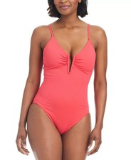 94 Bar III Women's V Wire Plunge Neck One Piece Swimsuit Pink Medium pmy2326