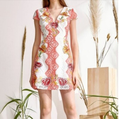 Foxiedox Womens White Floral Short Sleeve Mini A-Line Evening Dress Size: L