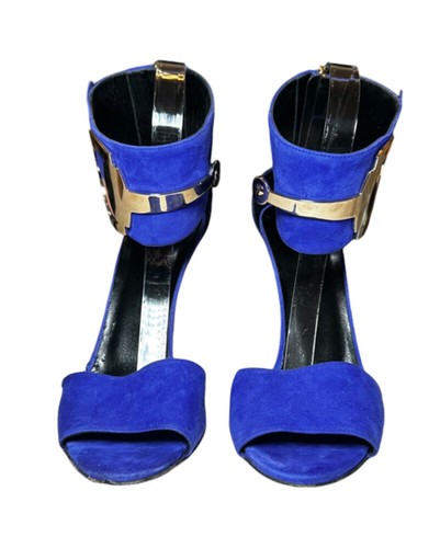 Gucci Ursula Blue Suede Maxi Horsebit Ankle Strap Heels Sandals Pumps 40 - Picture 3 of 10
