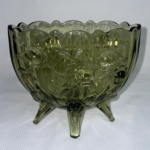 Vintage Fenton Green Colonial Glass Vase 5" Long W/ Flaw Cabbage Roses 4 footed