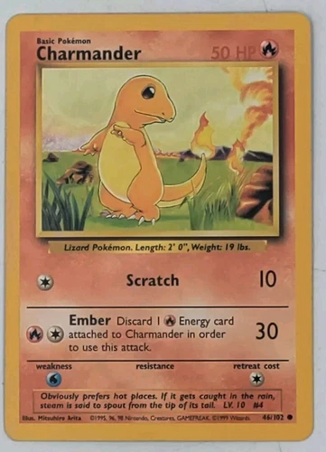Pokemon Charmander 46/102 Base Set Common Non-Holo 1999 Trading Card