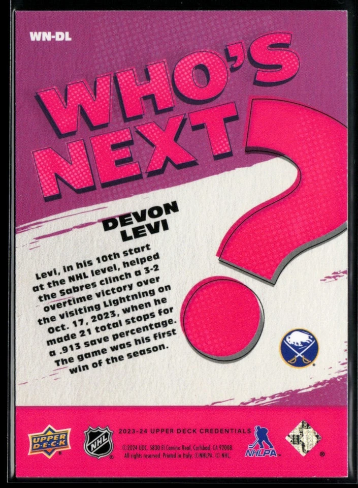 2023-24 Upper Deck Credentials Who's Next #WN-DL Devon Levi - Image 2 of 2