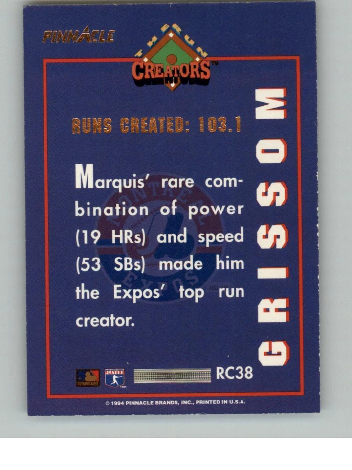 1994 Pinnacle Marquis Grissom RC38 Run Creators Montreal Expos - Image 2 of 2