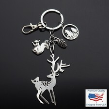 Nature Deer Bird Squirrel Eating Nut Pine Cone Trees Key Chain Keychain Clip