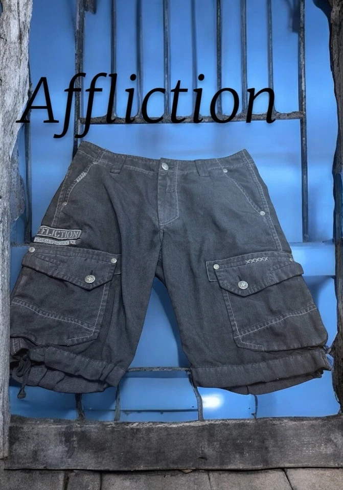 Pantalones Cortos Carga Y2K AFFLICTION Para Hombres 34 Negros Premium Bermudas Bolsillos con Cordón Foto 2 de 3
