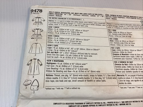 Simplicity 9478, todas las tallas, vestido de muñeca camisón forrado acolchado capa SIN CORTAR AÑOS 80 - Imagen 9 de 10