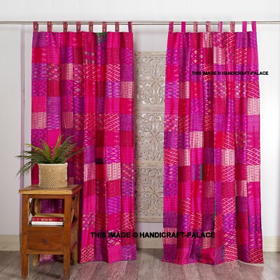 Indian Old Sari Patchwork Curtain Door Drape Boho Decor Silk Saree Curtain Pink