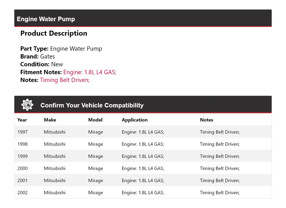 For 1997-2002 Mitsubishi Mirage 1.8L L4 GAS Engine Water Pump Gates 1998 1999 - Image 2 of 4