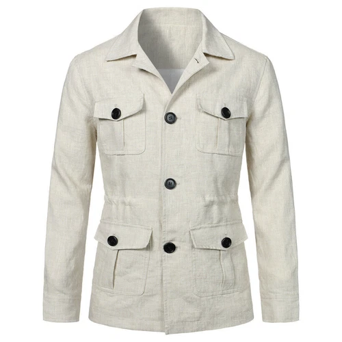 Chic Men's Linen Safari Jacket Pockets Slim Fit Hunting Coat Casual Tops British - Picture 24 of 28