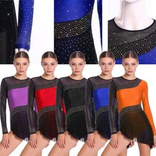 Womens Dancewear Ballet Dress Party Bodysuit Stage Figure Skating Long Sleeves