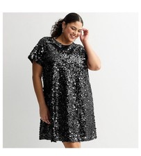 Nine West Womens XXL Black Sequin Bow Short Sleeve Mini Length Dress Holiday