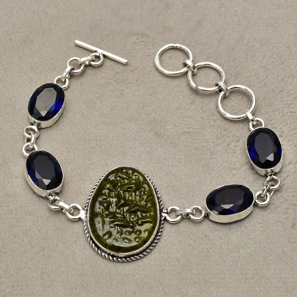 Bracciale in argento sterling 925 con pietre preziose Moldavite gioielli... - Immagine 3 di 4