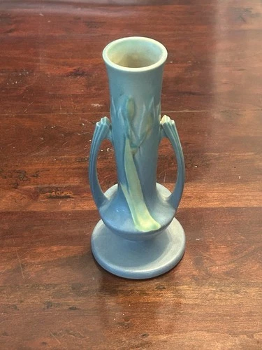 Vintage Roseville Pottery Iris Blue Two Handled  Vase 7.75" Tall Excellent Cond