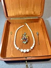 Stunning Vintage Jewelry Box w/ Milk Glass Necklace, Colorful Brooch & Hat Pins