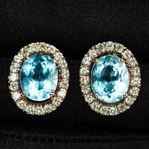 Sparkling Sea Blue Aquamarine Oval 5Ct 925 Sterling Silver Rose Gold Earrings