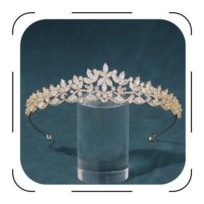 Elegant Gold CZ Wedding Tiara Floral Crown for Brides & Sweet 16 Hair Accessorie