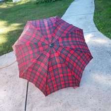 Vintage Red  Green Tartan Plaid Umbrella With Metal Handle - 48" Open Canopy