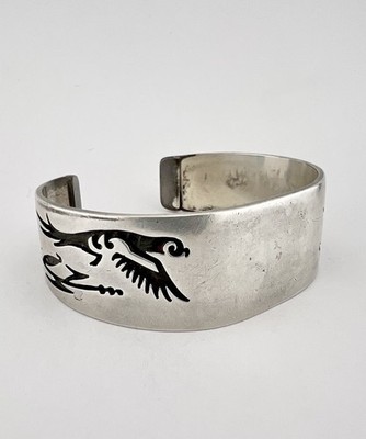 Art Batala Hopi Sterling Silver Flying Bird Cornstalk Overlay Cuff Bracelet 56g