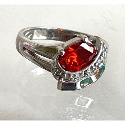 925 STERLING SILBER FEUEROPAL, ORANGE & KLAR CZ RING GRÖSSE 7,75 SKY