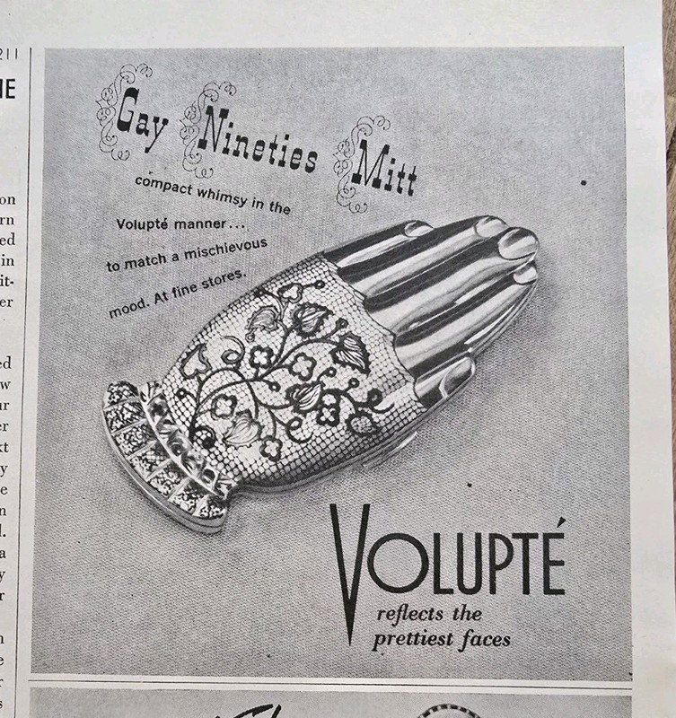 1947 Volupte Gay Nineties Mitt Figural Hand Makeup Powder Compact Vintage Ad 