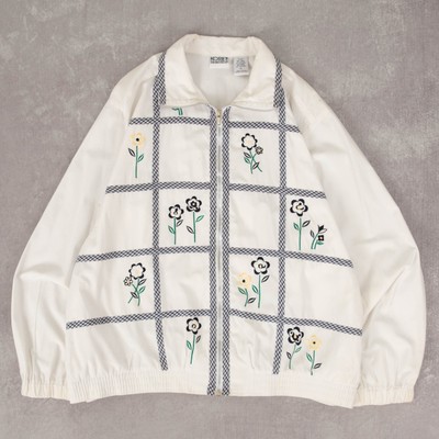 Vintage 90er Patchwork bestickte Jacke XL Damen weiß Reißverschluss