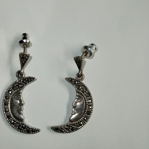 Vtg Estate Sterling Silver Crescent Moon Man Earrings Marcasite Dangle Celestial - Picture 3 of 11