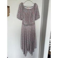 Joie De Vivre Floral Midi Dress Blue Pink Ruched Waist Handkerchief Hem Womens M
