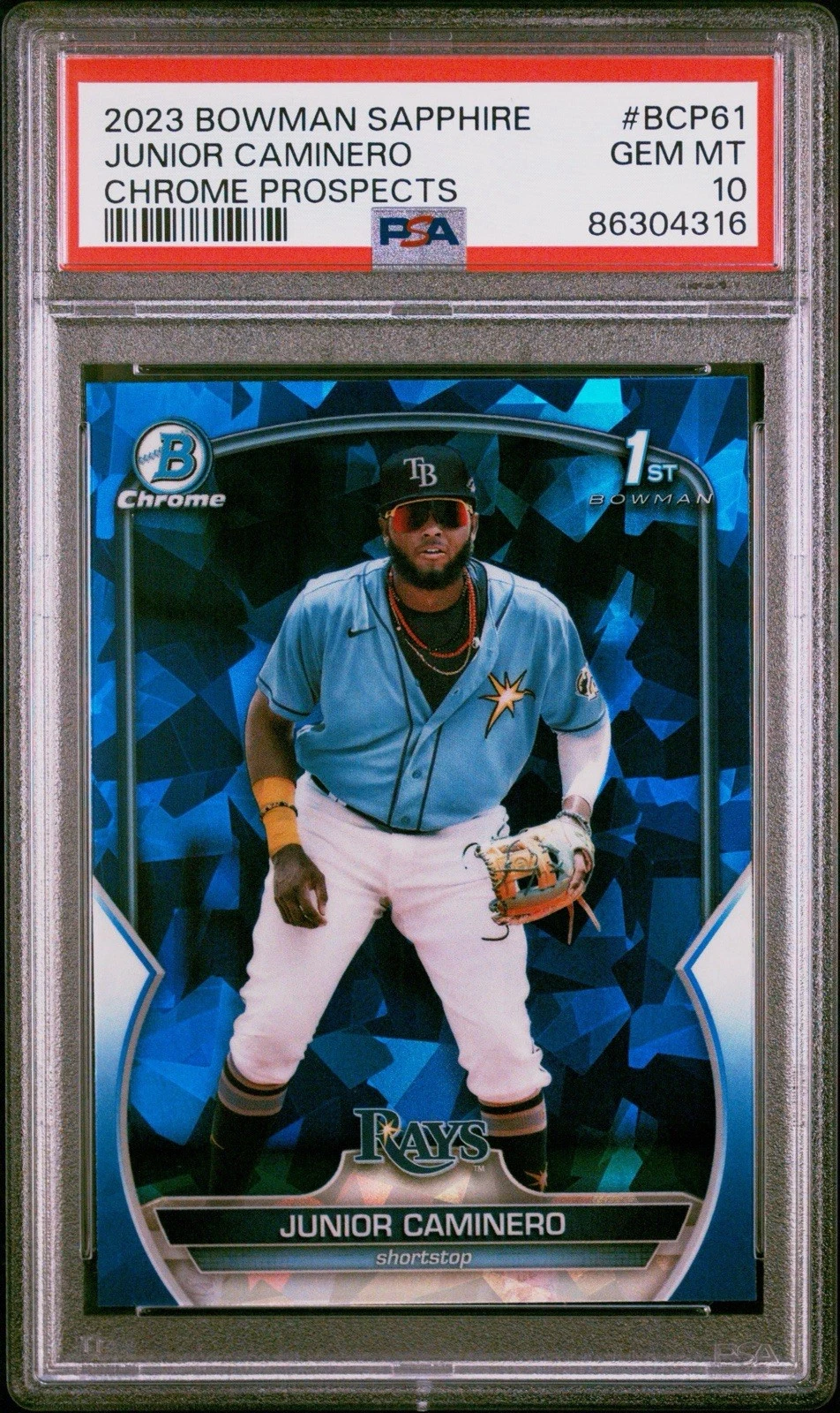 Deal for Junior Caminero 2023 Bowman Sapphire Edition Chrome Prospects #BCP61 PSA 10