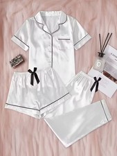 XXL weiß**,Satin Pyjama Set,Shorts,lange Hose,Pyjama Oberteil,Schlafanzug